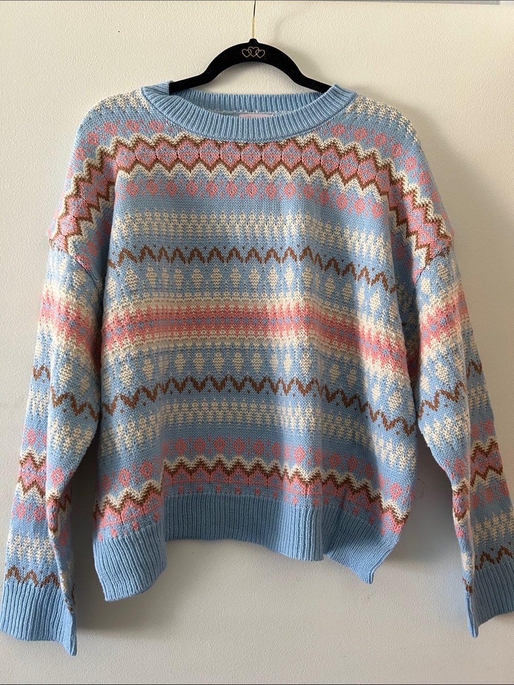 Pink Lily Pastel Fair Isle Crewneck Sweater in Light Blue, Pink & Cream